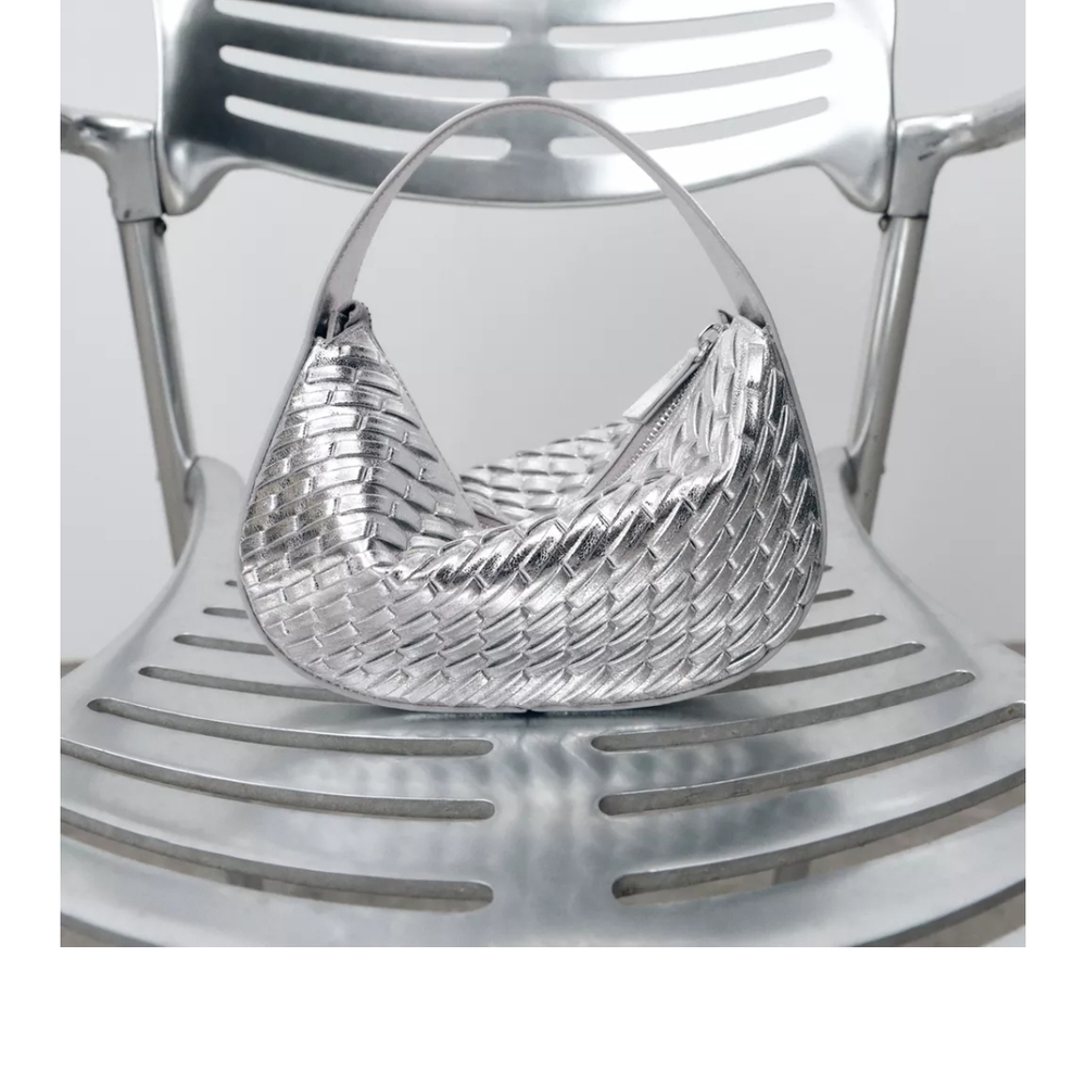 Metallic Silver Woven Shoulder Bag